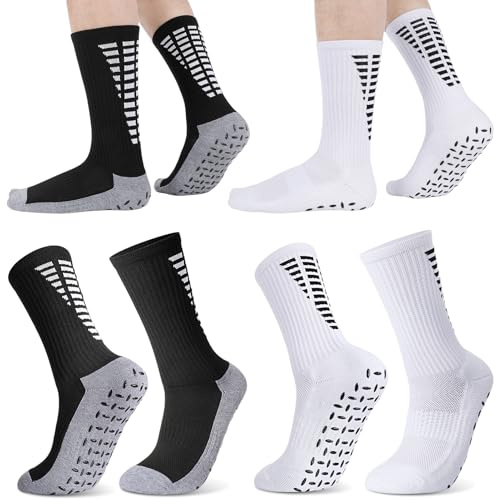 Halinuia 4 Paires Chaussette Antidérapante Foot Homme, Grip Socks Football avec Support Plantaire, Anti-Ampoules Résistantes, Chaussette Sport pour Basketball Rugby Yoga Pilates Running Cyclisme 39-44