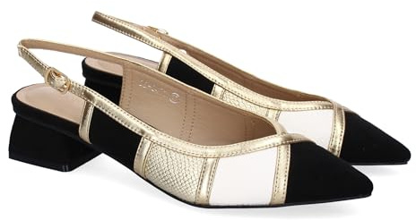 shoes&blues.es 90193 Zapato Plano de Mujer, Comodo, Estilo Salon, de Punta Fina, Combinacion de Dos Materiales y Cierre de Hebilla. Negro Talla 37