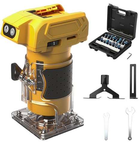 WingFly Akku Kantenfräser für Dewalt 18V,20v Batterien, Oberfräse Bürstenloser Tragbarer Handfräser für die Holzbearbeitung, Akku Holztrimmer mit 15 Stück Fräser Set(ohne Akku)