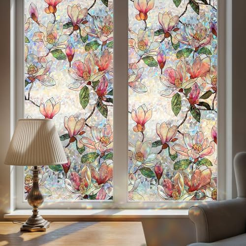 DUOFIRE Window Privacy Film Decorative Stained Glass Window Film Rainbow Magnolia Floral Static Cling Non-Adhesive Reusable Anti UV Colorful Window Decal for Home 11.8×39.3 inch