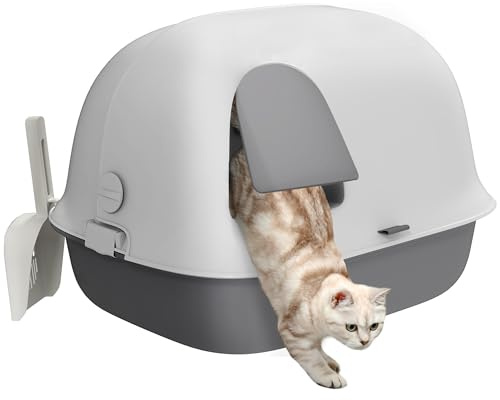PawHut Lettiera per Gatti Chiusa con Porta, Lettiera Coperta in PP con Coperchio e Paletta, 58x46x39 cm, Bianco e Grigio Chiaro