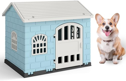 COSTWAY Caseta Perros de Plástico, Refugio para Mascotas con Puerta Bloqueable, 3 Ventanas, Techo Inclinado y Base con Orificios de Drenaje, Jaula Impermeable para Interior y Exterior (Azul)