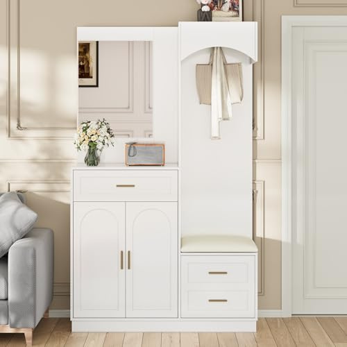 Soweiz Moderne Kompaktgarderoben, Garderobenschrank und Schuhschrankkombination, Eingangsschrank, multifunktionales Lagerregal mit Spiegel, 110 L x 33 B x 185.5 H(cm) (Weiß)
