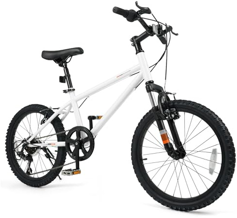 Goplus Mountain Bike, 20/24 Inch Kids Bicycle w/ 6-Speed Drivetrain, Suspension Fork, Dual Brakes, Adjustable Seat, Outdoor Cycling Children City Bike for Boys Girls (20Inch,White)
