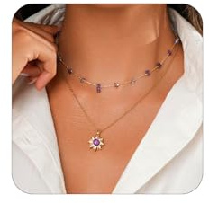 Zimocepuz Collar Apilable de Cristal Violeta, Cadena de 14K con Colgante de Flores de Amatista y Sol Dorado, Joyas de Princesa Inspiradas en Cuentos de Hadas para Damas
