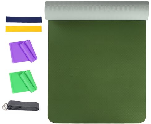 Dilwe Esterilla de Yoga, Estera de Ejercicio Antideslizante TPE de 72 X 24 Pulgadas, 1/4 de Pulgada de Grosor con Cinturón Elástico para Gimnasio en Casa, Pilates, Fitness, Amortiguación de (Paquete