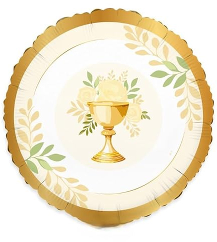 Pallone Prima Comunione - Holy Comunion Bianco Crema e Oro con Calice, rose crema - PALLONCINO in foil Mylar - 45CM - gonfiabile ad aria o elio - FORNITO SGONFIO