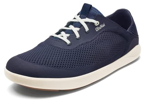 OluKai Moku Pae Slip-On Men's Boat Shoes, Breathable Mesh Deck Shoes, Lightweight Water-Friendly Beach Sneakers for All-Day Comfort, Trench Blue/Off White, 10.5