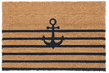 Relaxdays Zerbino da Ingresso in Cocco, Design da Mare con Ancora, 40x60 cm, Tappetino Interni e Esterni, Nero Naturale