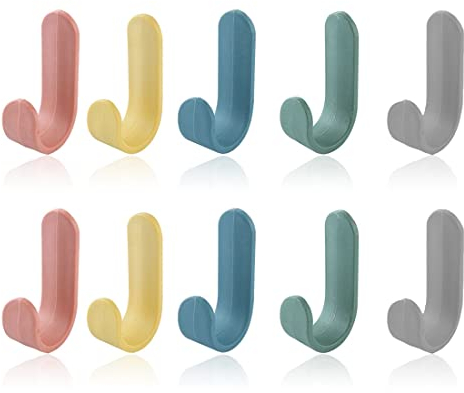 10 Stück selbstklebende Haken, bunt, Handtuchhalter, Badezimmer-Haken, Handtuchhalter, Küche, Büro, Garderobe, Wandhaken aus Kunststoff