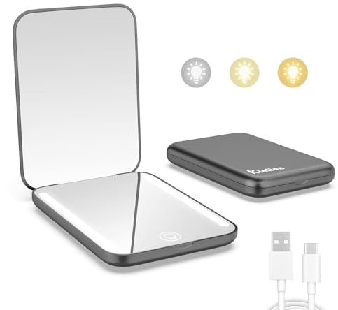 Kintion Wiederaufladbarer Taschenspiegel, LED Kompakt Reise Make up Spiegel, 3 Farbtemperaturen, Dimmbar, Tragbarer Kompaktspiegel, Kleine Handtaschenspiegel für Frauen als Geschenk, Schwarz