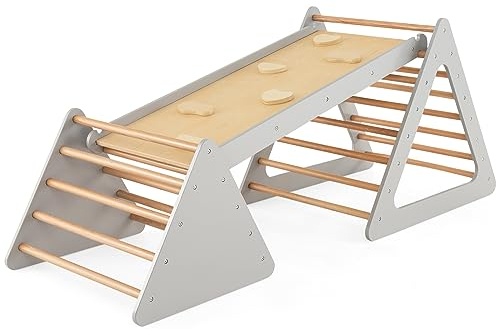 DREAMADE 3 in 1 Kletterdreieck mit Rampe & Leiter, Holzdreieck Sprossendreieck Klettergerät, Kletterspielzeug aus Holz, klappbar Indoor Klettergerüst für Kinder ab 3 Jahre (Grau)