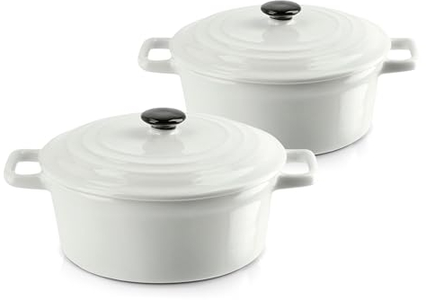 KHG Auflaufform mit Deckel 2er Set, Weiß 0,5 Liter klein, Keramik Steingut rund, Servierform mit Griffen, ofenfest 200°C & mikrowellenfest, Mini-Schmortopf, Mini-Bräter, Mini-Cocotte