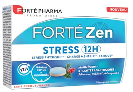 Forté Pharma - Forté Zen Stress 12H - Complément alimentaire fatigue adulte à libération prolongée - Vitamine B6, Magnésium, Rhodiola, Ashwagandha, Spiruline - 20 comprimés bi-couches, 1/jour
