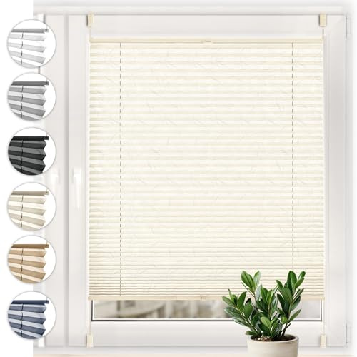Sonello Plissee Crush Klemmfix ohne Bohren 30cm x 100cm Ecru Faltrollo Plisseerollo Jalousie für Tür & Fenster Blickdicht Sichtschutz Sonnenschutz Fertifplissee Rollo