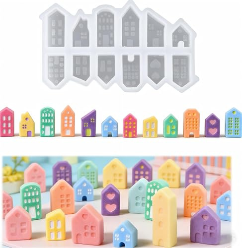 KATIMI Moules en Silicone pour Maison, Moules Silicone Noël, Mini Moules à Bougie pour la Maison pour Verser avec Plâtre, Béton Créatif, Cire, Poudre de Coulée, Moule Maison (12 Petites Maisons)