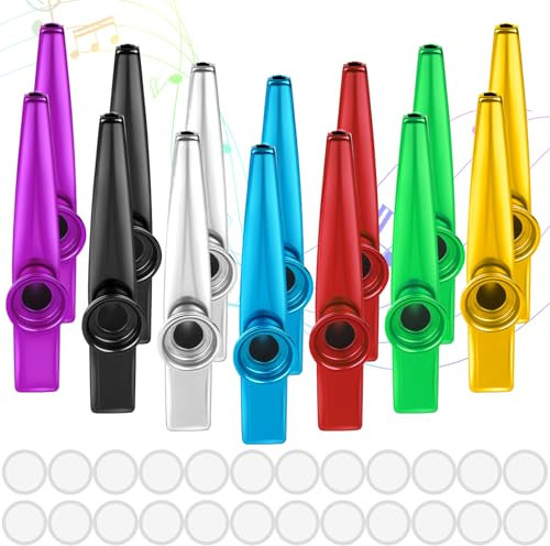 14 Pièces Kazoo Instrument Kazoos en Métal Alliage D'Aluminium Flûte Métal 7 Couleurs Instrument de Musique Enfant avec 24 Pièces Membranes Diaphragme pour Adulte Amateurs de Musique