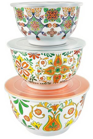 TP Large Mixing Bowl Set with Lids, Melamine Nesting Bowls Set for Pasta Baking Salad Mixing, Set of 3, Aztec Bloom