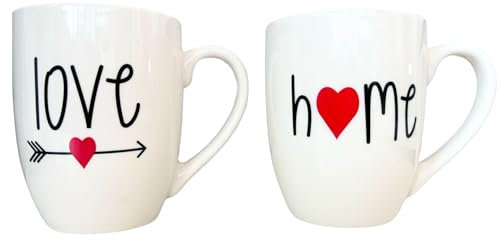 Coppia Tazze in Porcellana per Colazione o Merenda Capacità 360 ml Idea Regalo Coppia Anniversario Lavabile in Lavastoviglie Utilizzabile in Microonde Mod. Scritte Cuore Home & Love