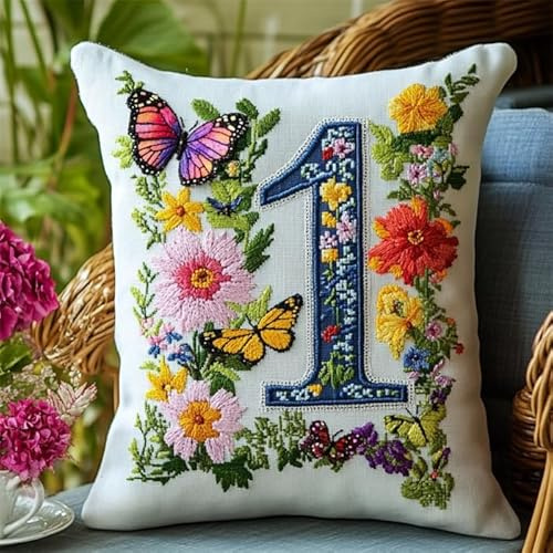 Kit di cuscino gancio di chiusura per adulti, motivo floreale, numero 1, tappetino fai da te, kit di fabbricazione del cuscino, motivo colorato, tela stampata, federa, kit di decorazione 43 x 43 cm