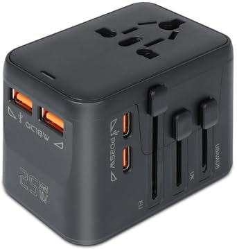 AiQInu Adattatore Universale Da Viaggi, con 2 USB-C 2 USB-A International Presa Universale Da Viaggio, GaN 25W Global Adattatore Presa Universale per UE USA Regno Unito Australia