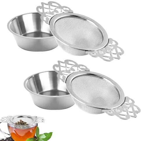 2 PCS Unusual Tea Strainers for Loose Tea with Drip Bowls, Loose Leaf Strainer Fine Mesh, Stainless Steel Strainers & Filters, 7cm Mini Sieve for Coffee and Juice with Double Wing Extender