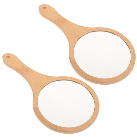 Vaguelly 2 St Bambuspegel Handspegel För Kvinnor Sminkspegel För Kvinnor Frisörspegel Handspeglar Med Handtag För Barn Handhållen Bärbar