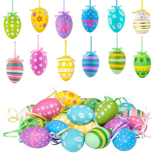 KLINNA 24 huevos de Pascua para colgar, 6 cm, huevos de plástico pintados con diferentes patrones como flores para arbustos, resistente a la intemperie, plástico, decoración de Pascua, juego de
