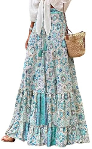 LIAMERHE Jupe Longue Femme d'été Maxi Jupe Bohème Ligne A Taille Haute Élastique Jupes Imprimé Jupe de Plage Jupe de Loisirs Décontractée Chic