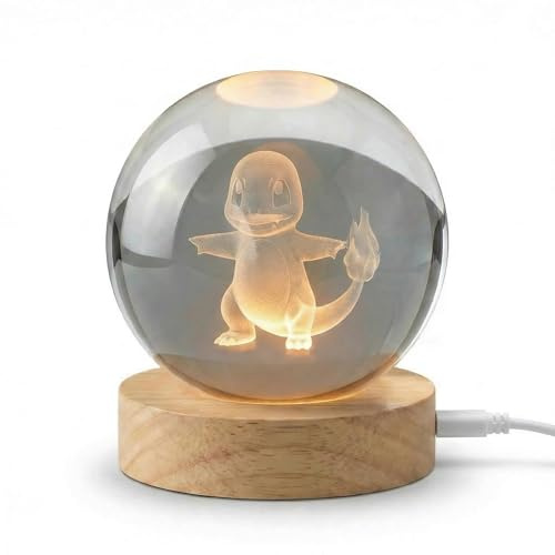 PixelLumens - Luz nocturna con bola de cristal 3D con base de madera - Lámpara decorativa gato adorable con nudo - Grabado láser de alta precisión (POKE001)