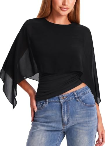 HAWILAND Women Poncho Chiffon Blouse Cape Sleeve Asymmetrical Dressy Top