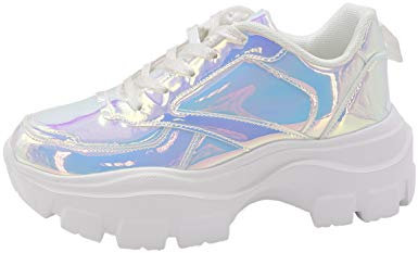 LUCKY STEP Baskets à Plateforme Chunky pour Femme (Hologramme Blanc, 6US-36EU-3UK)