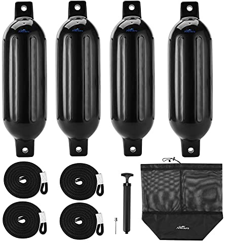 Affordura Boat Fender 4 Pack Boat Bumpers Fenders 6.5 Inch with 4 Ropes, Boat Bumpers for Pontoon Boat Fenders Inflatable (Black)