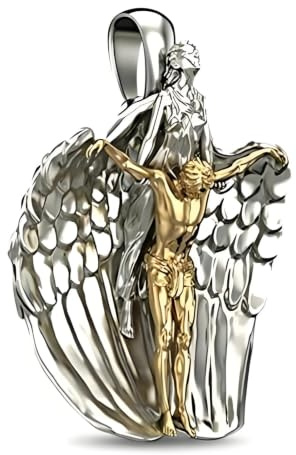 HCMA Pendentif exquis deux tons jésus et ailes d'ange pour hommes femmes Couple pendentif Punk bijoux de mode cadeau