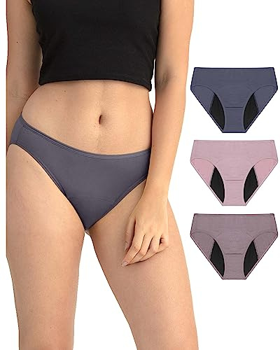 Neione Period Underwear for Women, Leakproof Menstrual Panties High Cut Cheeky Bikini Briefs Postpartum Undies Soft Stretch Breathable 3 Pack Senses M