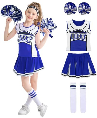 LOLANTA Girls Blue & Red Cheerleading Costume with Pompoms & Socks, Halloween Party Cheers Fancy Dress, Blue, 5-6 Years, 120