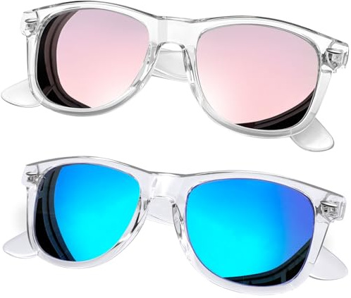 Joopin Paquete de 2 Gafas de Sol Mujer y Hombre Montura Transparente Lente Espejo Azul y Rosa Gafas Polarizadas Cuadradas Clásicas para Playa Deporte Viaje Sunglasses Women Men