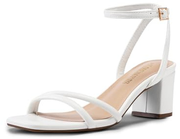 DREAM PAIRS Women's Chunky Strappy Heels Square Open Toe Ankle Buckle Low Heels Sandals for Daily Wedding Party Dress,Size 6,White-Pu,SDHS2496W