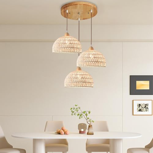 HEYUN Hängelampe Rattan 3-flammig Vintage Pendelleuchte Esstisch Einstellbar E27 Boho Geflochten Hängeleuchte Deckenlampe Rattan Für Wohnzimmer Schlafzimmer Esszimmer Küche Flur(Round)