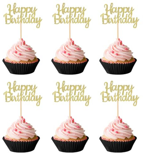 Piriuuo 24 Stück Happy Birthday Cupcake Toppers, Glitzernde Geburtstag Kuchen Topper Happy Birthday Tortendeko, Cupcake-Topper-Stäbchen zum Geburtstag für Party Cupcake Dekorationen, Gold