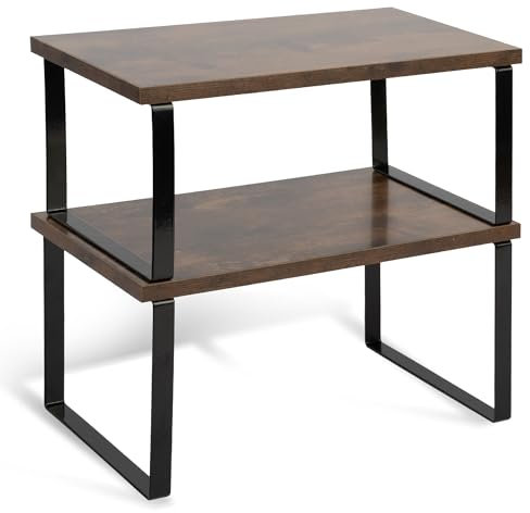 HEFTMAN Kitchen Cupboard Organiser - Set of 2 Wood & Metal Shelves for Cupboards Space-Saving, Stackable Cupboard Shelf Organiser for Countertop, Pantry - Spice Rack Holds 15kg (Rustic Brown & Black)