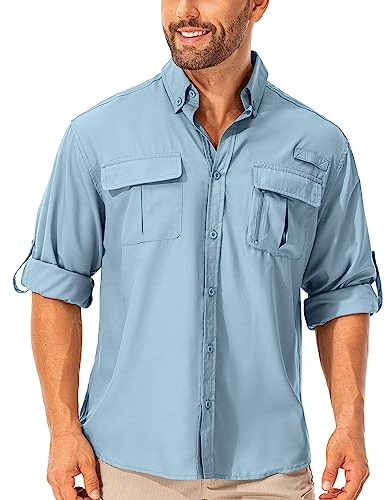 mosingle Men's Safari Shirt Long Sleeve UV Protection Sun Shirts | Quick Drying, Lightweight, Walking Clothing for Travel, Fishing, Outdoor, Trekking, Zip Pockets