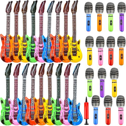 33 Pack Inflatable Rock Star Toy Set include 15 Pcs Blow up Microphone 18 Pcs Inflatable Guitar Bulks and 1 Pcs Red Air Pump for Kids Birthday Party Decoration 80s 90s Musical Party Favors