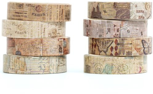 YUBX 8 rullar vintage washi tejpset, retro maskeringstejp dekorativ tejp färgglad för gör-det-själv-hantverk, förskönar journaler, planerare, scrapbooking och förpackning (skräpböcker)