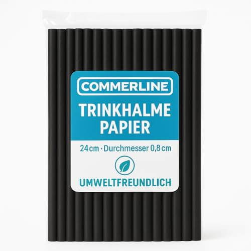 Commerline Lot de 100 pailles en papier, diamètre : 8 mm, diamètre : 24 cm, noires, pour cocktails, cocktails, smoothies, biodégradables, en papier