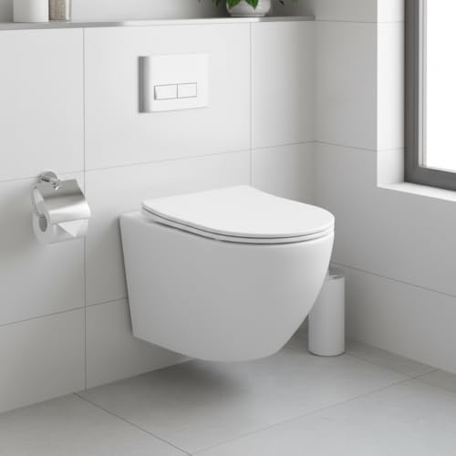 Kometmöbel Inodoro suspendido con cisterna de 360° Tornado – Inodoro de pared sin borde silencioso, incluye asiento de inodoro con descenso suave, color blanco