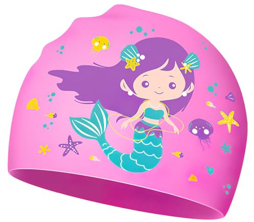 Badehaube Kinder, Silikon-Badekappe für Kinder – Badekappe mädchen,für Kinder Zum Schwimmtraining,zum Schutz der Haare und zur Verringerung des Wasserwiderstands – Design Meerjungfrau rosa (1 Stück)