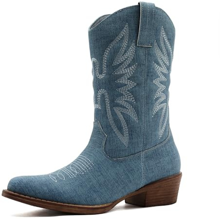 GLOBALWIN Square Toe Denim Blue Cowboy Boots For Women Cowgirl Western Boots With Low Heel Size 8.5M