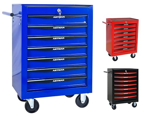 ELIHGTBY Servante d’Atelier à 7 tiroirs sur roulettes, Chariot d’Atelier Mobile Vide, Armoire à Outils à Verrouillage centralisé pour Atelier et Garage,Bleu & Noir