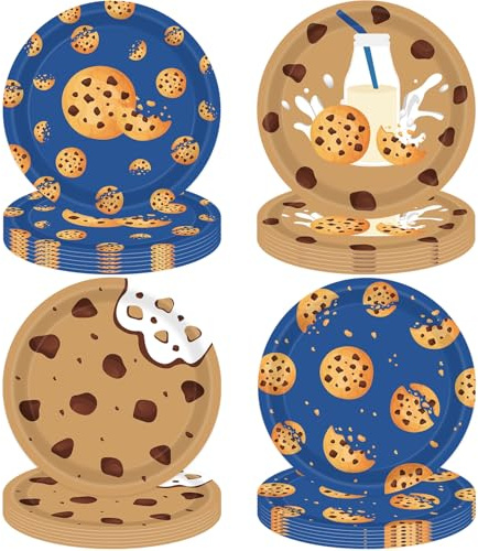 YJZCP 60 PCS Milk and Cookies Birthday Party Plates Chocolate Chip Cookie Tableware Set Cartoon Friends Street Party Plate 7 Inch for Kids Boys Girls Birthday Baby Shower Supply